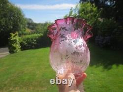 Antique Victorian Cranberry Glass Acid Etched Tulip Oil Lamp Shade 3 Fitter