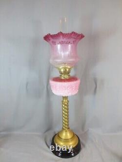 Antique Victorian Cranberry Glass & Brass OIL Lamp Original Etched Tulip Shade