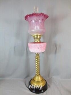 Antique Victorian Cranberry Glass & Brass OIL Lamp Original Etched Tulip Shade