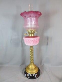 Antique Victorian Cranberry Glass & Brass OIL Lamp Original Etched Tulip Shade