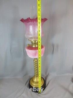 Antique Victorian Cranberry Glass & Brass OIL Lamp Original Etched Tulip Shade