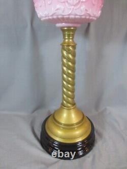 Antique Victorian Cranberry Glass & Brass OIL Lamp Original Etched Tulip Shade