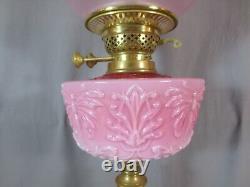 Antique Victorian Cranberry Glass & Brass OIL Lamp Original Etched Tulip Shade