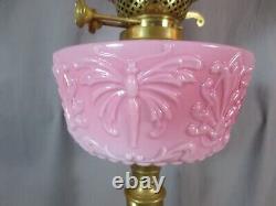 Antique Victorian Cranberry Glass & Brass OIL Lamp Original Etched Tulip Shade