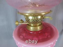 Antique Victorian Cranberry Glass & Brass OIL Lamp Original Etched Tulip Shade