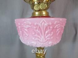 Antique Victorian Cranberry Glass & Brass OIL Lamp Original Etched Tulip Shade