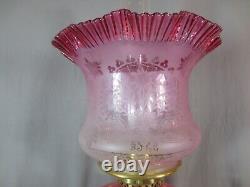 Antique Victorian Cranberry Glass & Brass OIL Lamp Original Etched Tulip Shade