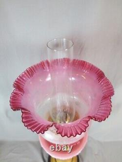 Antique Victorian Cranberry Glass & Brass OIL Lamp Original Etched Tulip Shade