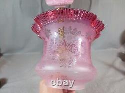 Antique Victorian Cranberry Glass & Brass OIL Lamp Original Etched Tulip Shade