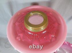 Antique Victorian Cranberry Glass & Brass OIL Lamp Original Etched Tulip Shade
