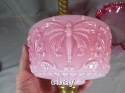 Antique Victorian Cranberry Glass & Brass OIL Lamp Original Etched Tulip Shade