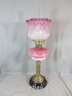 Antique Victorian Cranberry Glass & Brass Oil Lamp Original Etched Tulip Shade