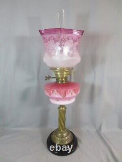 Antique Victorian Cranberry Glass & Brass Oil Lamp Original Etched Tulip Shade