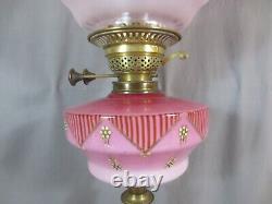 Antique Victorian Cranberry Glass & Brass Oil Lamp Original Etched Tulip Shade