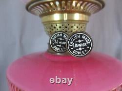 Antique Victorian Cranberry Glass & Brass Oil Lamp Original Etched Tulip Shade