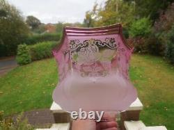 Antique Victorian Cranberry Glass & Brass Oil Lamp Original Etched Tulip Shade