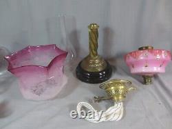 Antique Victorian Cranberry Glass & Brass Oil Lamp Original Etched Tulip Shade