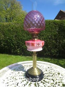 Antique Victorian Cranberry Glass Oil Lamp With Cranberry Beehive Shade