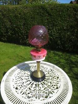 Antique Victorian Cranberry Glass Oil Lamp With Cranberry Beehive Shade