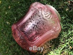 Antique Victorian Cranberry Ruby Embossed Etched Oil Lamp Shade 4