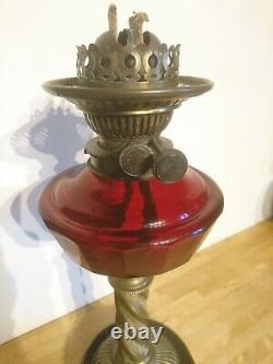 Antique Victorian Cranberry glass, twin burner Oil Lamp F S & Co Ltd Duplex