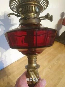 Antique Victorian Cranberry glass, twin burner Oil Lamp F S & Co Ltd Duplex