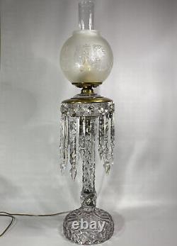 Antique Victorian Cut Glass Pedestal Column Banquet Oil Lamp with Crystal Prisms