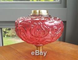 Antique Victorian Dark Cranberry Ruby Red Glass Oil Lamp Font embossed floral A1