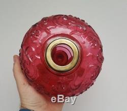 Antique Victorian Dark Cranberry Ruby Red Glass Oil Lamp Font embossed floral A1