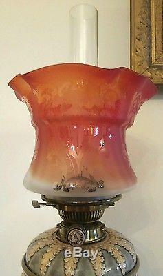 Antique Victorian Doulton Lambeth Hinks Duplex Twin Burner Oil Lamp Cranberry