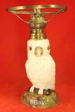 Antique Victorian Dresden Porcelain Parakeet Oil Lamp Glass Eyes Bird Owl Marked