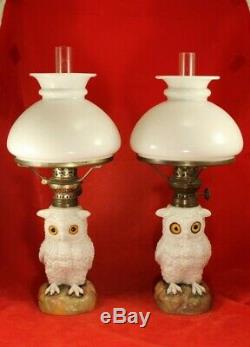 Antique Victorian Dresden Porcelain Pr 15 OWL Oil Lamps Glass Eyes Bird Marked
