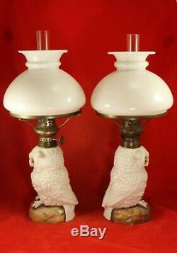 Antique Victorian Dresden Porcelain Pr 15 OWL Oil Lamps Glass Eyes Bird Marked