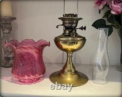 Antique Victorian Duplex Brass Oil Lamp with Cranberry Coloured Glass Shade