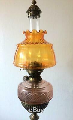 Antique Victorian Duplex Floor Kerosene Oil Lamp Glass Brass Base Tall 63 in