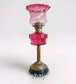 Antique Victorian Duplex Oil Lamp With Cranberry Glass Shade & Font 26