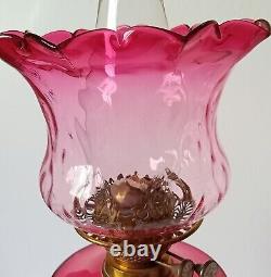 Antique Victorian Duplex Oil Lamp With Cranberry Glass Shade & Font 26