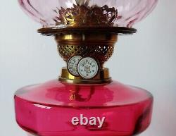 Antique Victorian Duplex Oil Lamp With Cranberry Glass Shade & Font 26