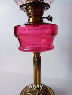 Antique Victorian Duplex Oil Lamp With Cranberry Glass Shade & Font 26