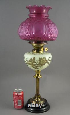 Antique Victorian Duplex Oil Lamp Youngs Uranium Glass Font Cranberry Shade 26