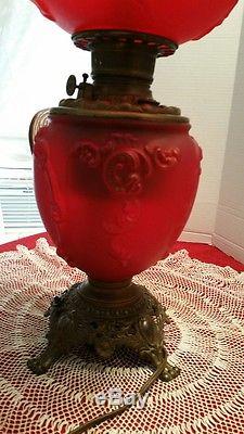 Antique Victorian Embossed Red Satin Glass Oil Hurricane Lamp Converted Electric