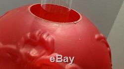 Antique Victorian Embossed Red Satin Glass Oil Hurricane Lamp Converted Electric
