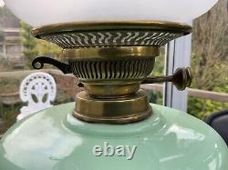 Antique Victorian English Oil Lamp Enameled Font Duplex Burner Art Glass Shade