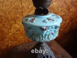 Antique Victorian English Oil Lamp Hp/ Puffy Font Dupex Burner Art Glass Shade