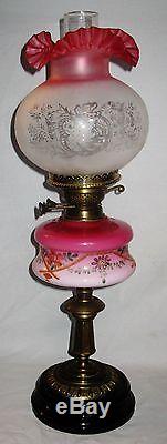 Antique Victorian English Oil Lamp Hp/enameled Font Dupex Burner Art Glass Shade