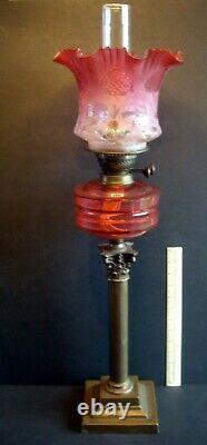 Antique Victorian Era Cranberry Glass Duplex Wick Oil Lamp. Late 1890s. Superb