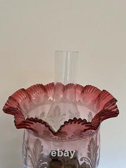 Antique Victorian Etched Glass Oil Lamp Shade Cranberry