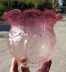 Antique Victorian Floral Acid Etched Cranberry Tinted Oil Lamp Shade 4 fitter