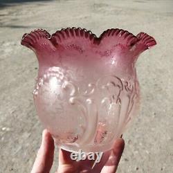 Antique Victorian Floral Acid Etched Cranberry Tinted Oil Lamp Shade 4 fitter
