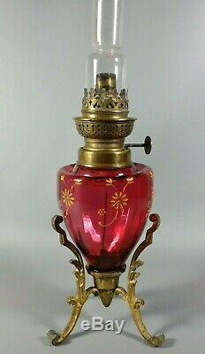 Antique Victorian French Table Oil Lamp Cranberry Enameled Glass Empire Tripod